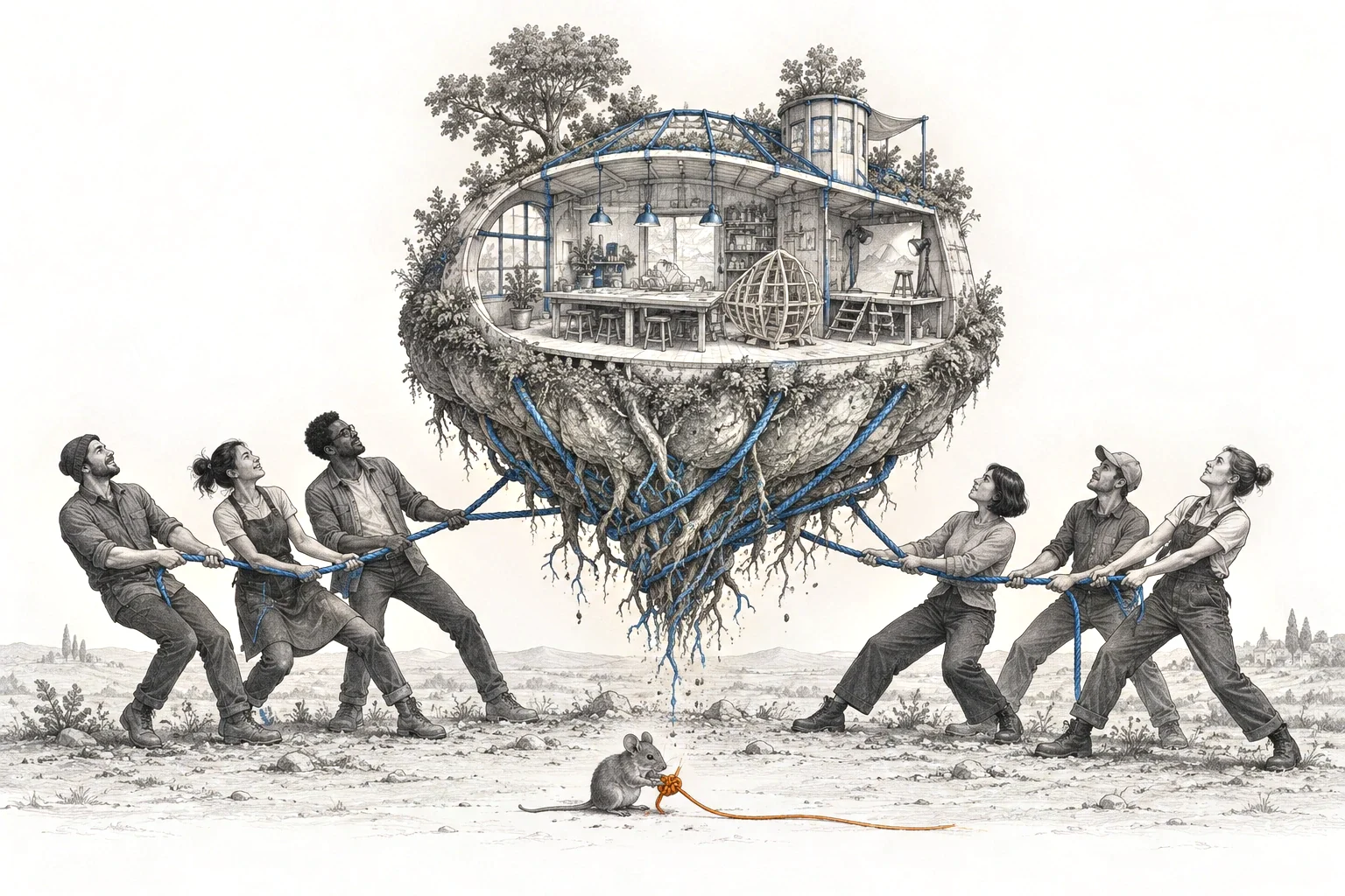 Participants pull a workshop island on ropes together while a mouse ties an orange knot